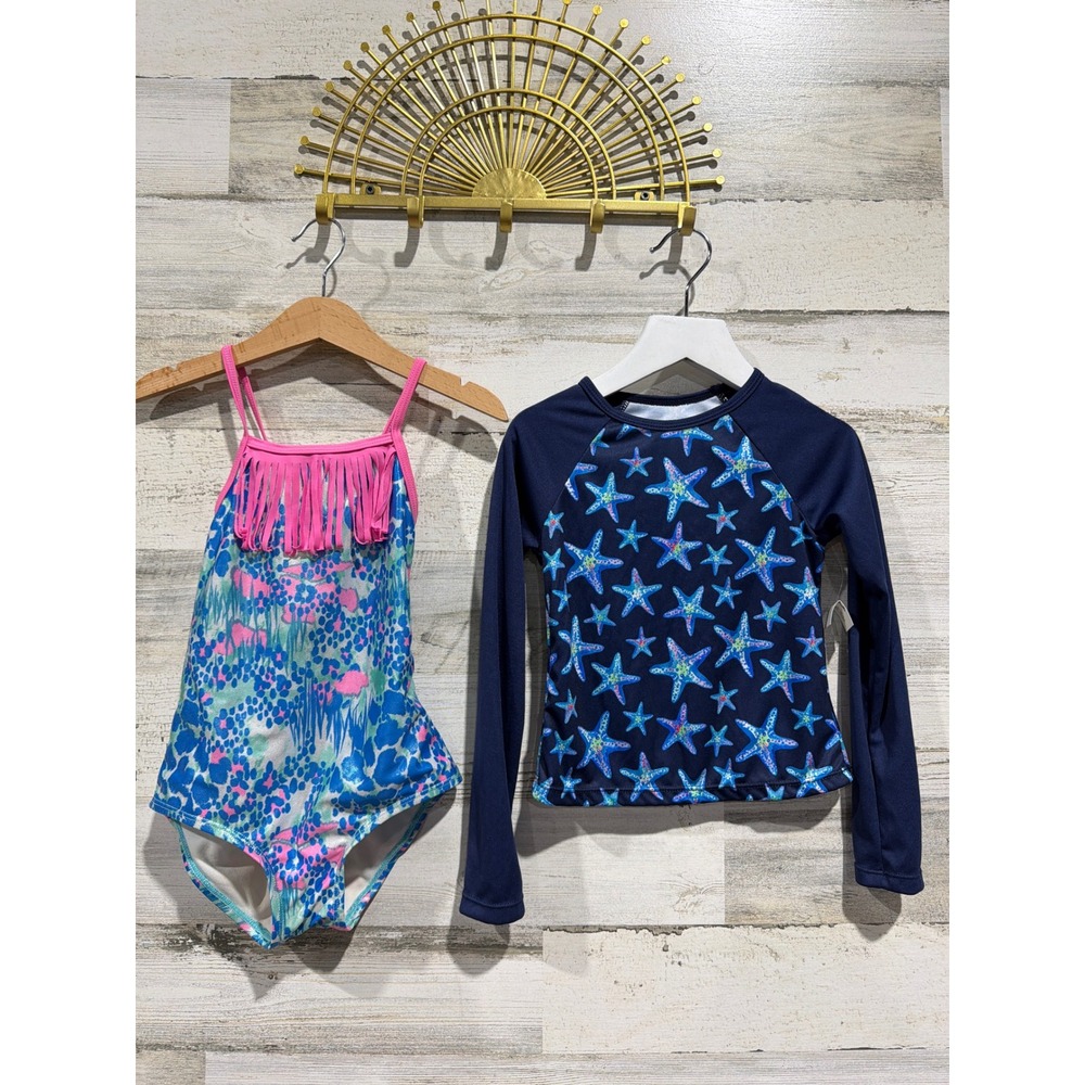 Swim Bundle‎ George Lands End Rash Guard Girls 4 Blue Pink Fringe Starfish EUC